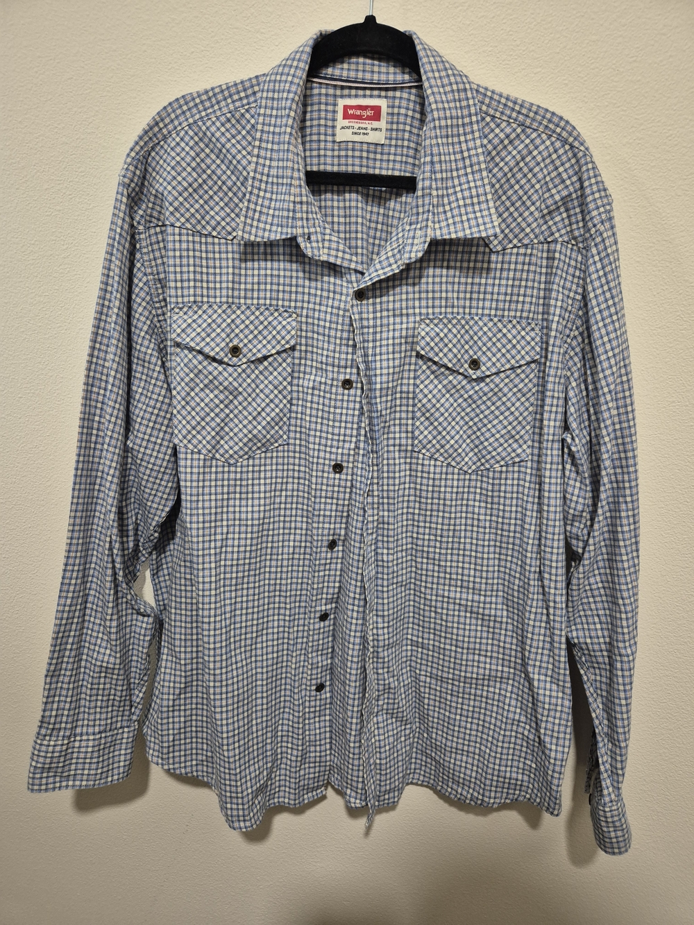Wrangler Blue Long Sleeve Button Up Shirt Size 2XL Men's Plaid Western